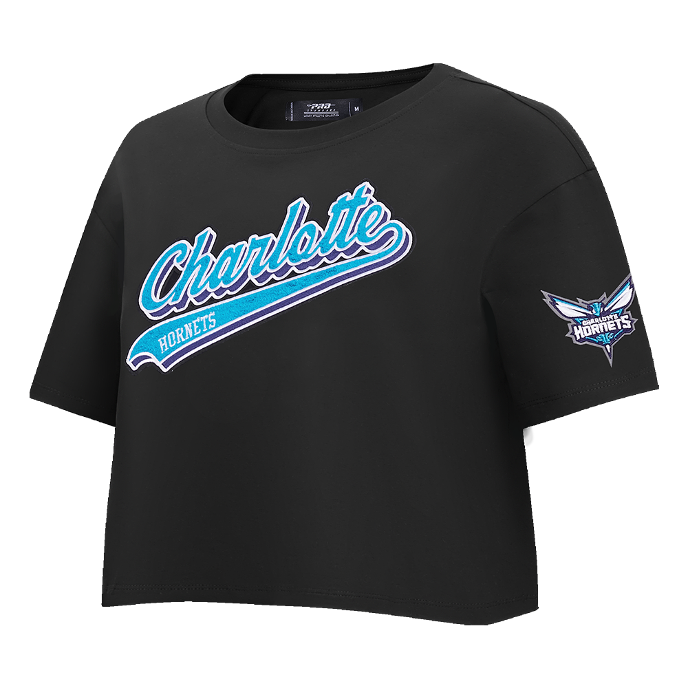 NBA CHARLOTTE HORNETS SCRIPT TAIL WOMEN'S SINGLE JERSEY BOXY TEE (BLACK)