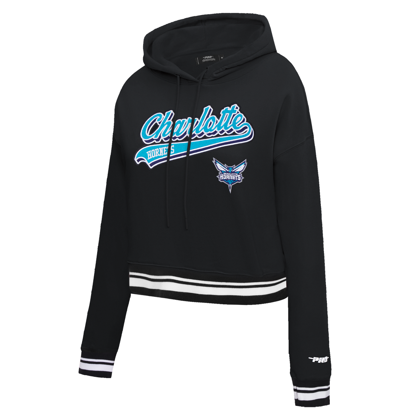 NBA CHARLOTTE HORNETS SCRIPT TAIL WOMEN'S RIB FLEECE CROPPED PULLOVER HOODIE (BLACK)