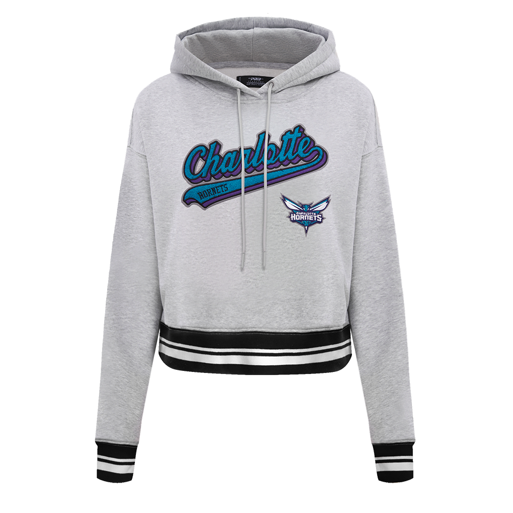 NBA CHARLOTTE HORNETS SCRIPT TAIL CHANDAIL À CAPUCHON COURT EN MOLLETON CÔTELÉ POUR FEMME (GRIS CHINÉ/NOIR)