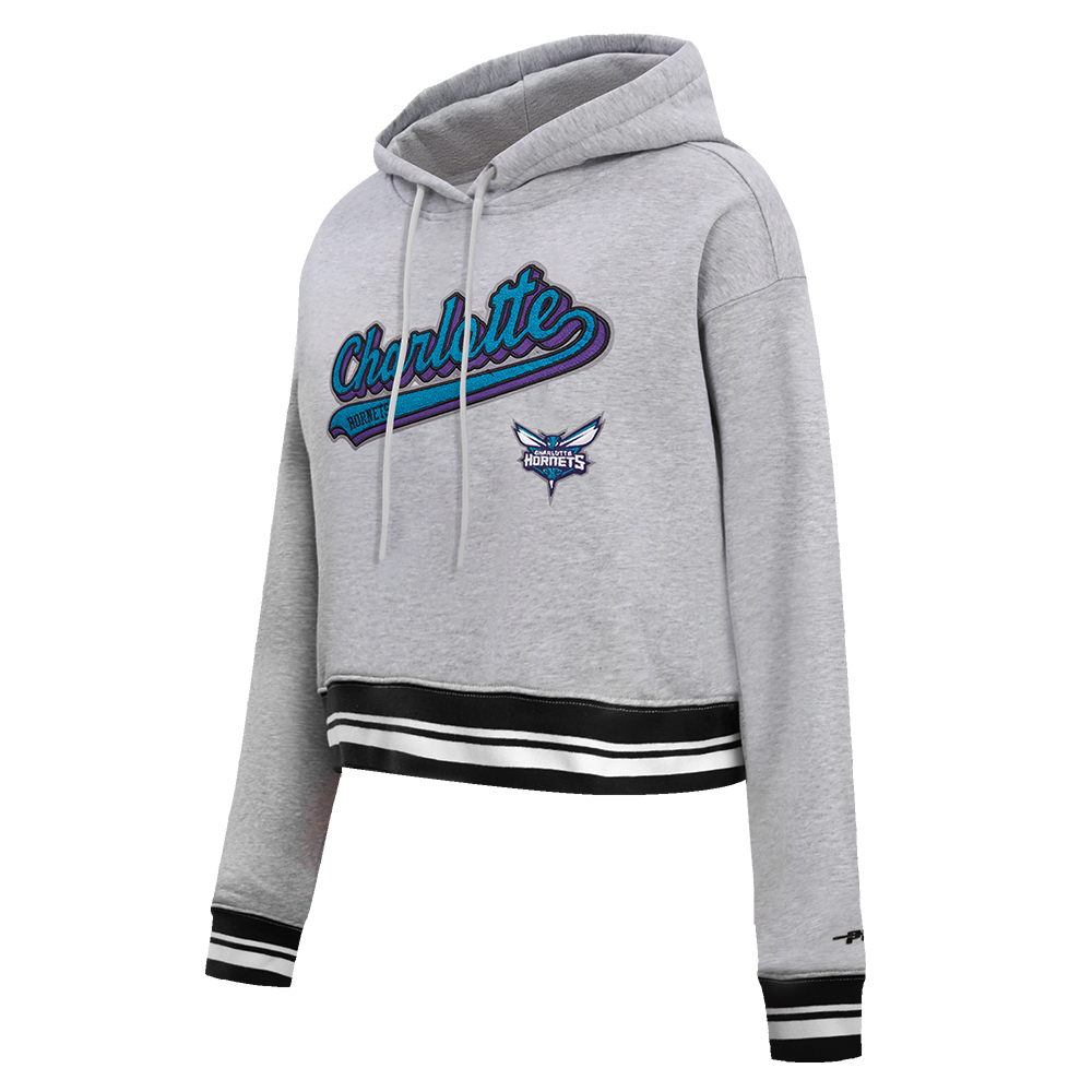 NBA CHARLOTTE HORNETS SCRIPT TAIL WOMEN'S RIB FLEECE CROPPED PULLOVER HOODIE (HEATHER GRAY/BLACK)