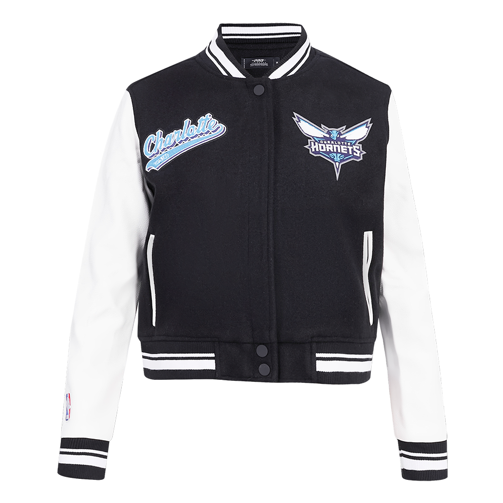 NBA CHARLOTTE HORNETS SCRIPT TAIL WOMEN'S WOOL VARSITY JACKET (BLACK/WHITE)