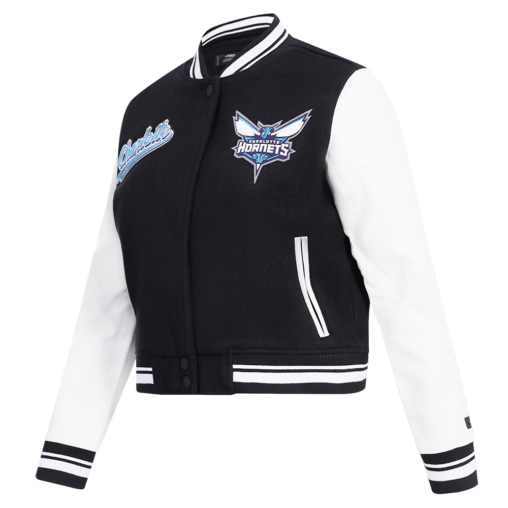 NBA CHARLOTTE HORNETS SCRIPT TAIL WOMEN'S WOOL VARSITY JACKET (BLACK/WHITE)