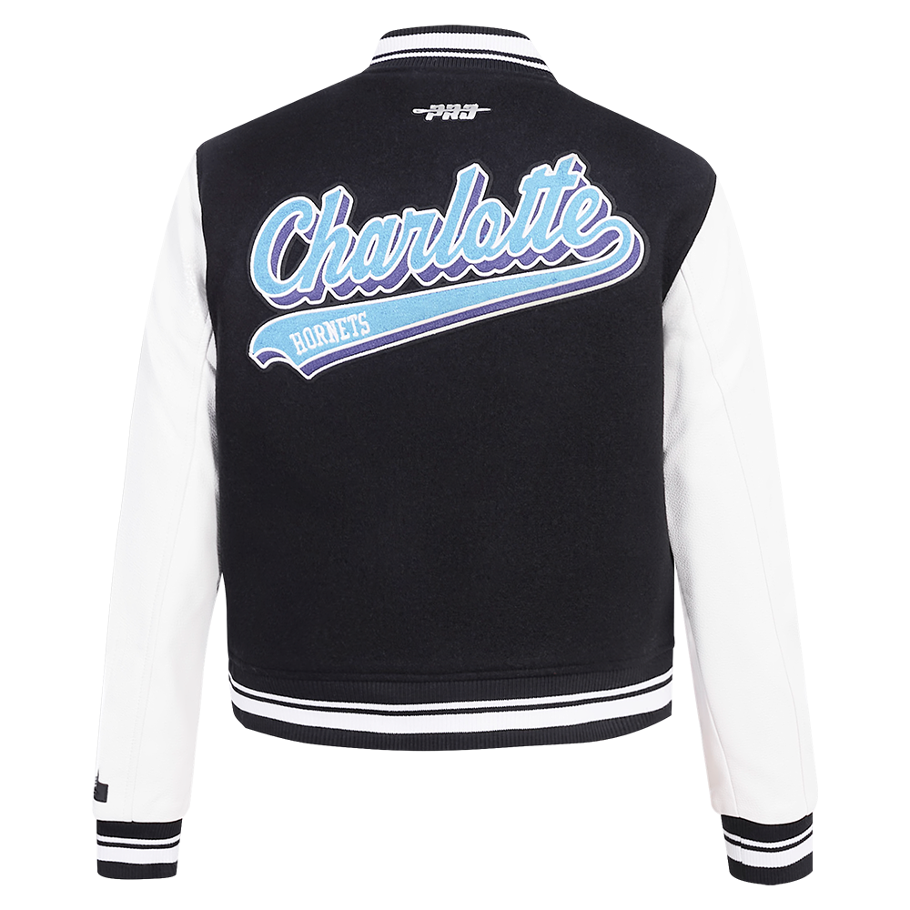 NBA CHARLOTTE HORNETS SCRIPT TAIL WOMEN'S WOOL VARSITY JACKET (BLACK/WHITE)