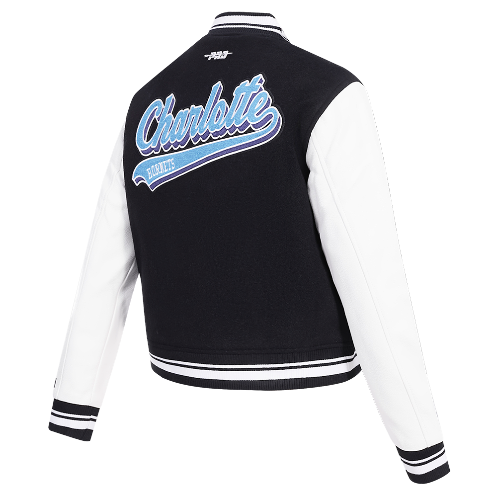 NBA CHARLOTTE HORNETS SCRIPT TAIL WOMEN'S WOOL VARSITY JACKET (BLACK/WHITE)