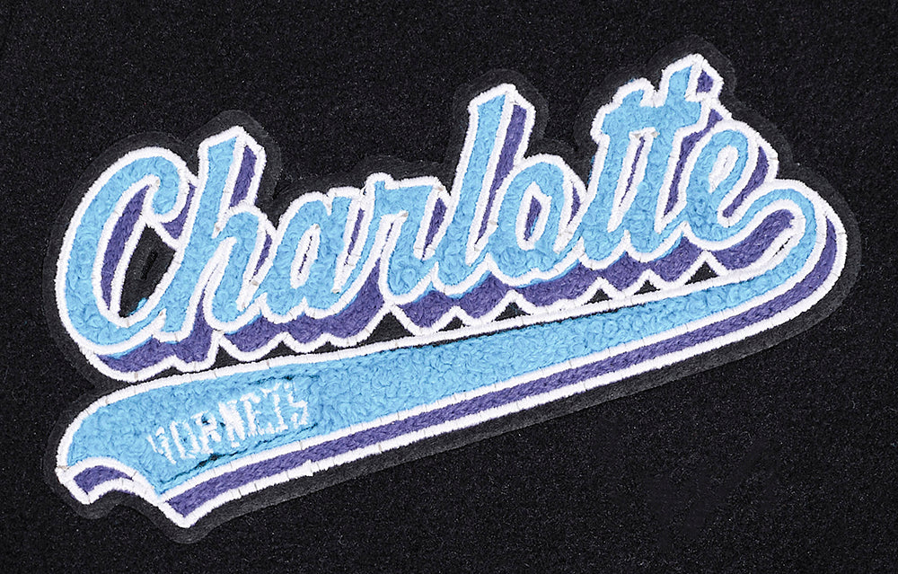NBA CHARLOTTE HORNETS SCRIPT TAIL WOMEN'S WOOL VARSITY JACKET (BLACK/WHITE)