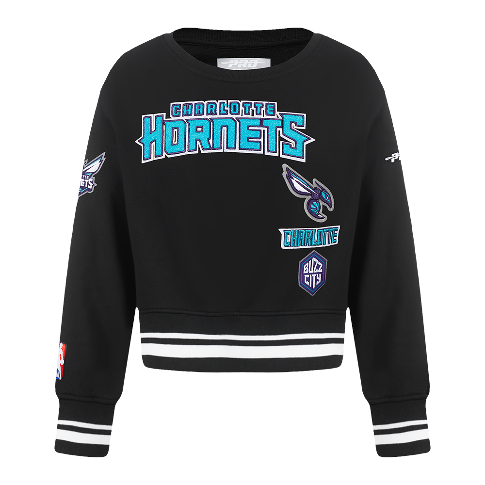 NBA CHARLOTTE HORNETS RETRO CLASSIC CHANDAIL À COL ROND EN MOLLETON CÔTELÉ POUR FILLE BAMBIN (NOIR)