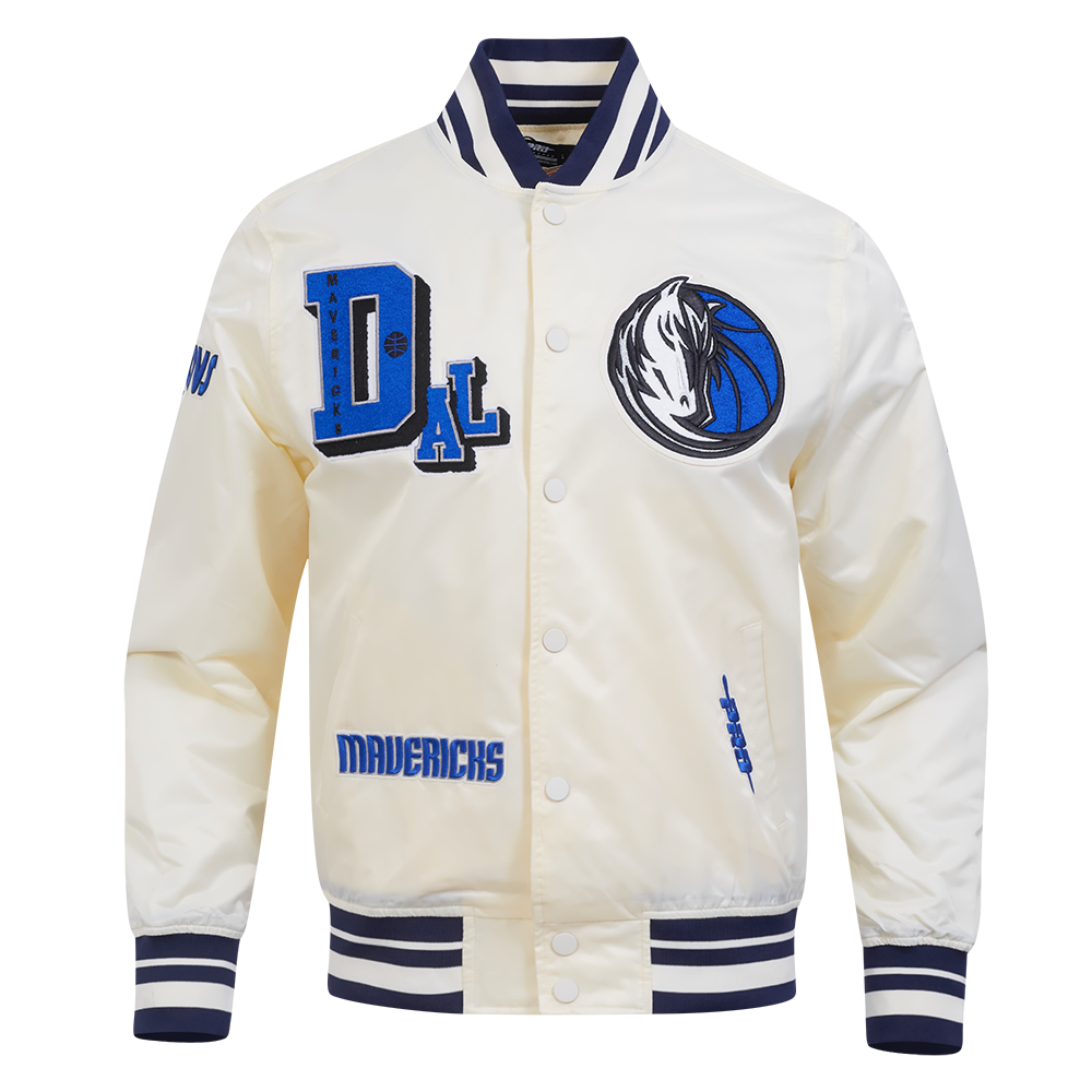 NBA DALLAS MAVERICKS BEST OF BLOUSON EN SATIN À BORDS CÔTELÉS POUR HOMME (COQUILLE D'ŒUF/MARINE MINUIT)