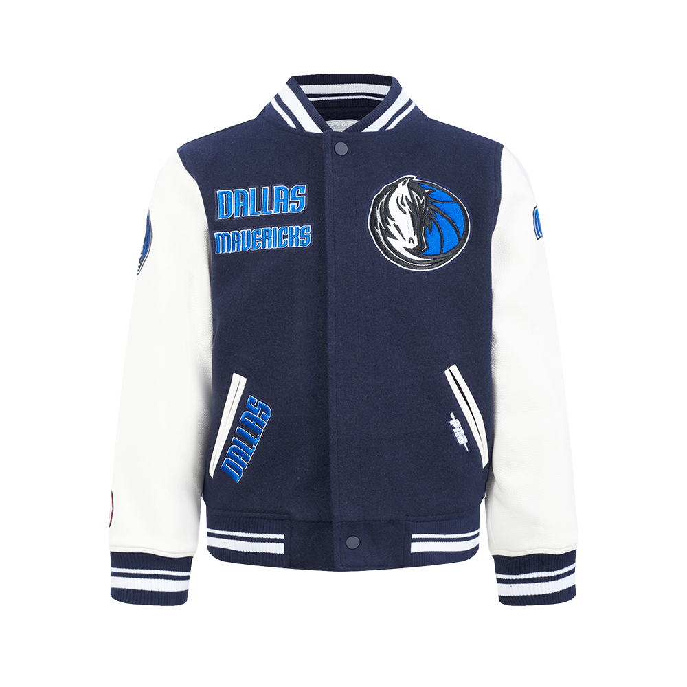 NBA DALLAS MAVERICKS RETRO CLASSIC BLOUSON COLLÉGIAL EN LAINE À BORDS CÔTELÉS POUR GARÇON JUNIOR (MARINE MINUIT/BLANC)