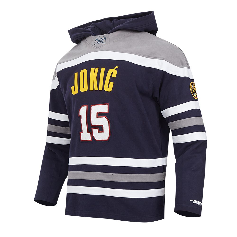 NBA DENVER NUGGETS NIKOLA JOKIC #15 CLASSIC MEN'S FLEECE COLORBLOCK PULLOVER HOODIE (MIDNIGHT NAVY/GREY/WHITE)
