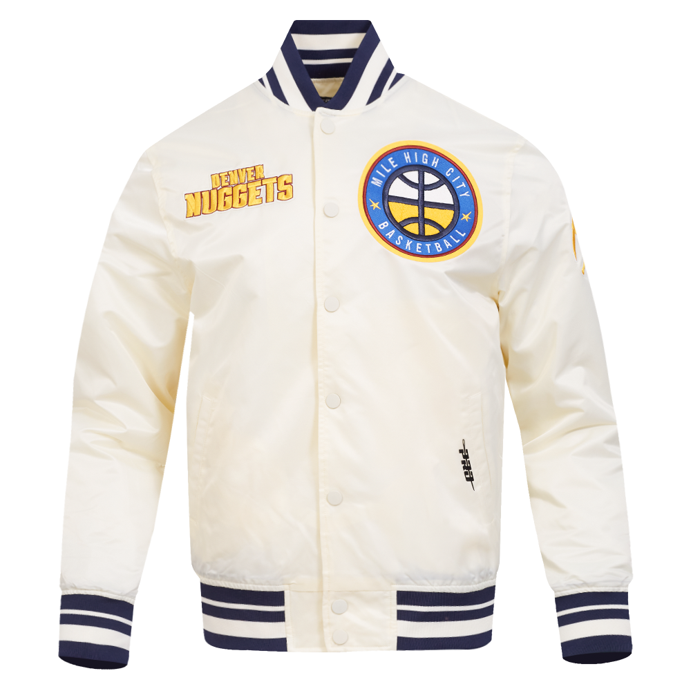 NBA DENVER NUGGETS RETRO CLASSIC BLOUSON EN SATIN À BORDS CÔTELÉS POUR HOMME (COQUILLE D'ŒUF/MARINE MINUIT)
