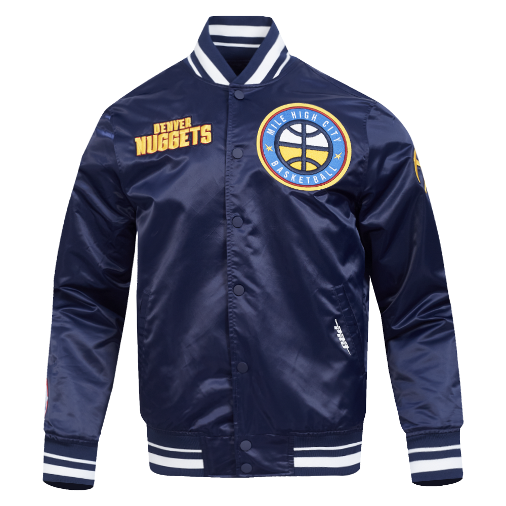 NBA DENVER NUGGETS RETRO CLASSIC BLOUSON EN SATIN À BORDS CÔTELÉS POUR HOMME (MARINE MINUIT)