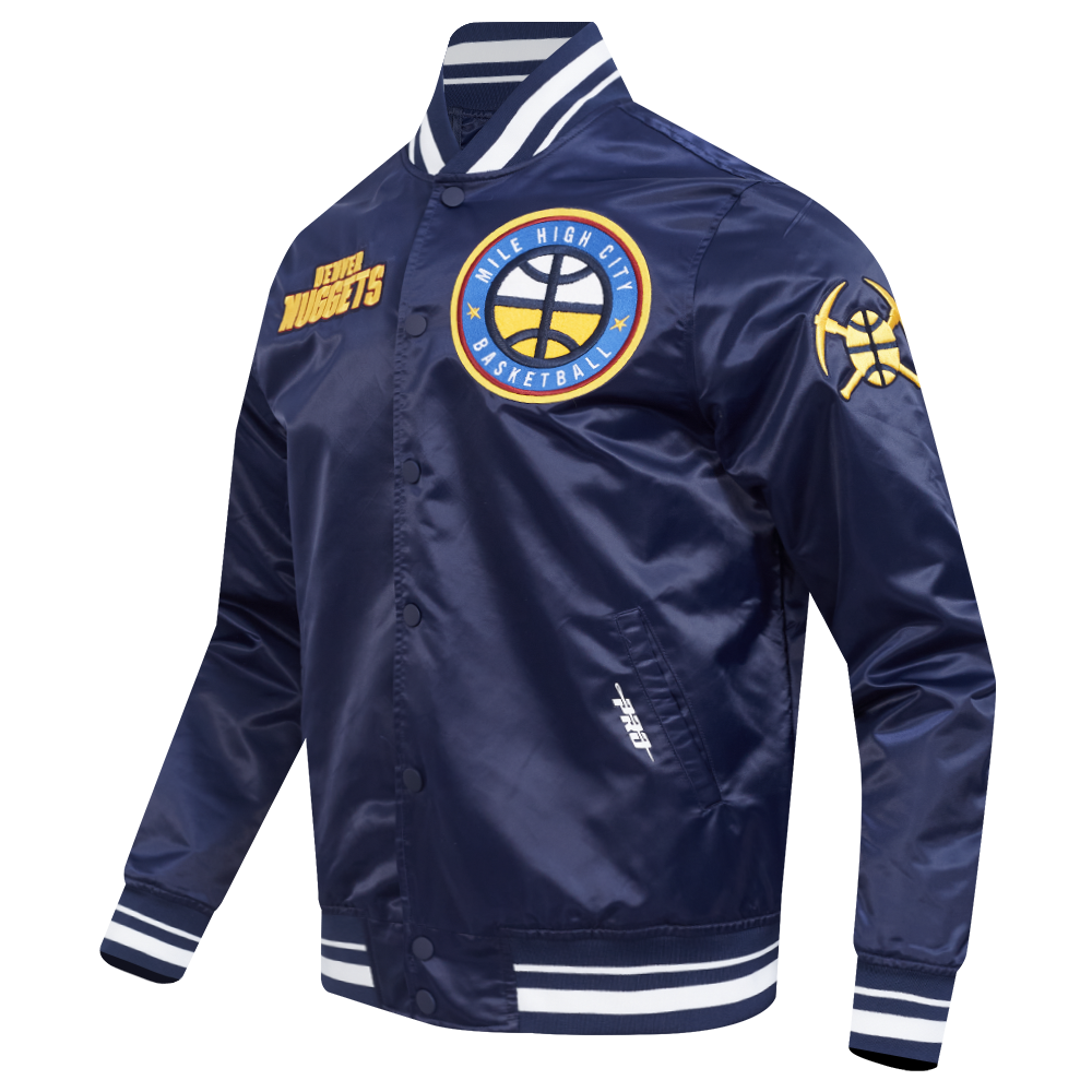 NBA DENVER NUGGETS RETRO CLASSIC BLOUSON EN SATIN À BORDS CÔTELÉS POUR HOMME (MARINE MINUIT)