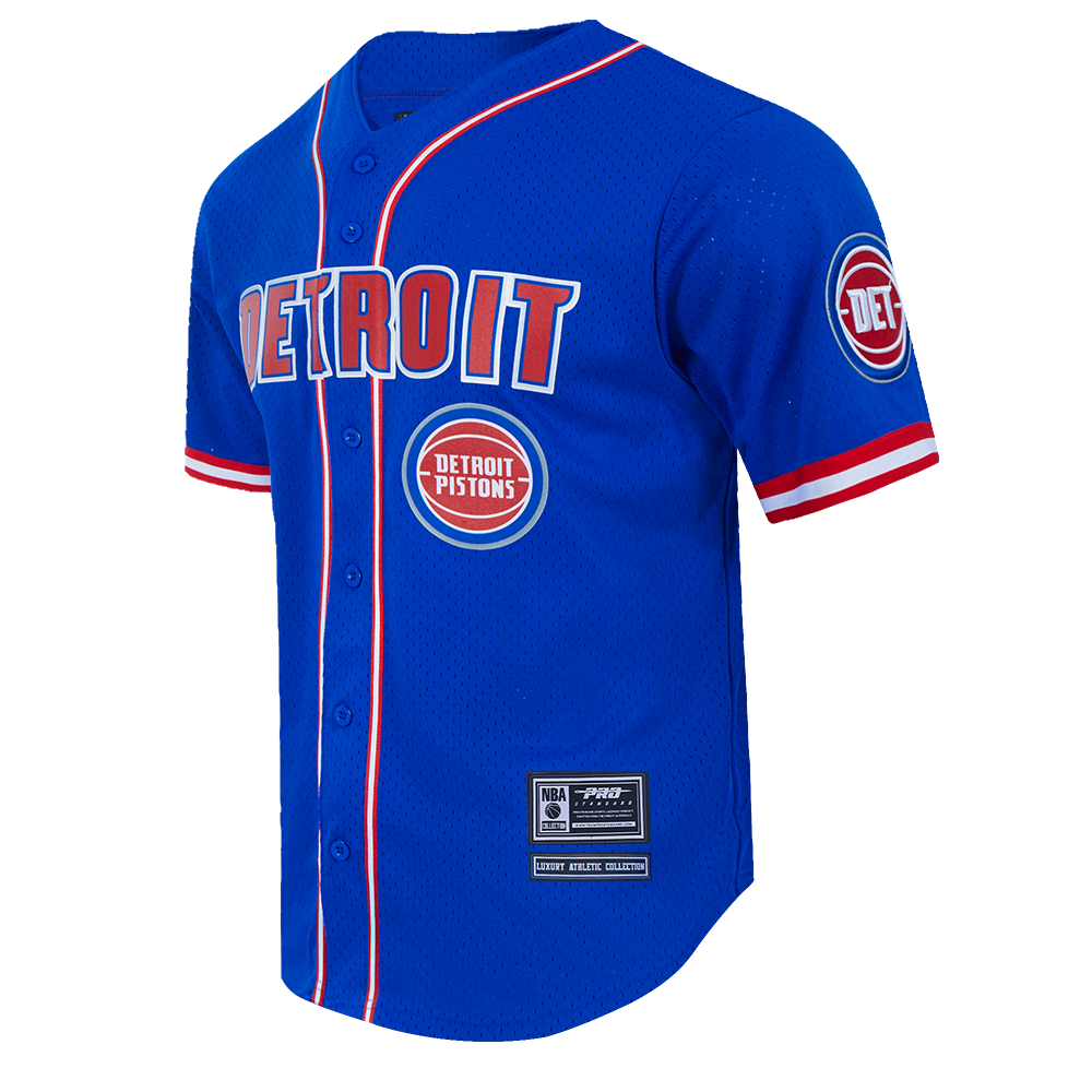 NBA DETROIT PISTONS CLASSIC MEN'S MESH BUTTON DOWN SHIRT (ROYAL BLUE/RED)
