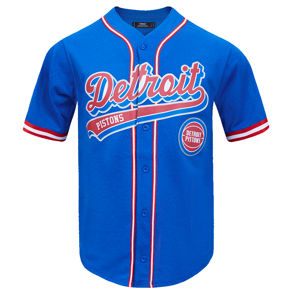 NBA DETROIT PISTONS SCRIPT TAIL CHEMISE BOUTONNÉE EN FILET POUR HOMME (BLEU ROYAL/ROUGE)
