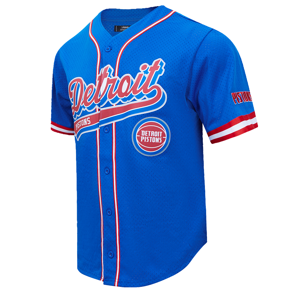 NBA DETROIT PISTONS SCRIPT TAIL MEN'S MESH BUTTON DOWN SHIRT (ROYAL BLUE/RED)