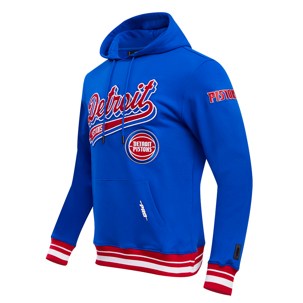 NBA DETROIT PISTONS SCRIPT TAIL MEN'S RIB FLEECE PULLOVER HOODIE (ROYAL BLUE/RED)