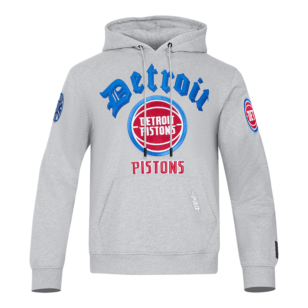 NBA DETROIT PISTONS OLD ENGLISH MEN'S PULLOVER HOODIE (HEATHER GREY)