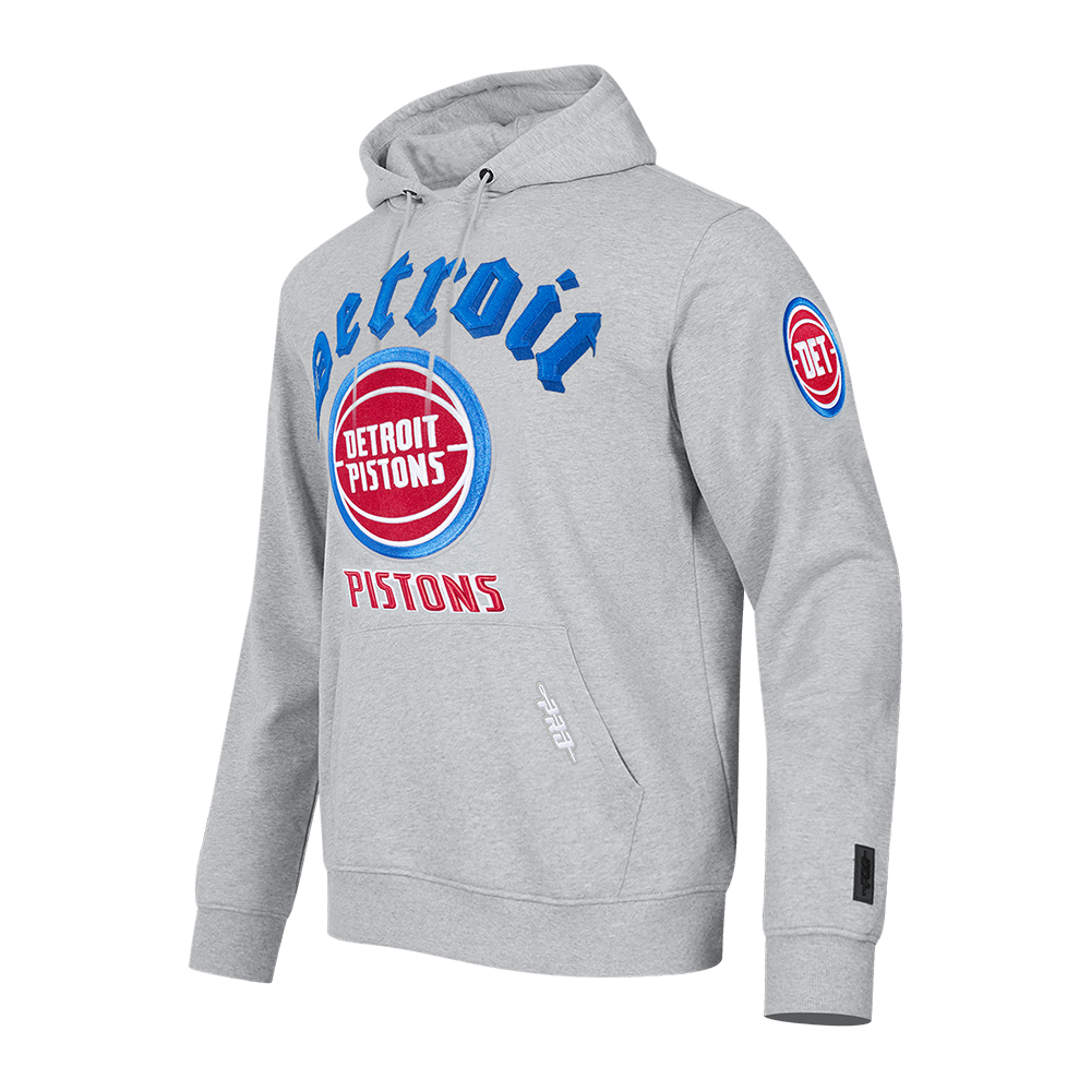 NBA DETROIT PISTONS OLD ENGLISH MEN'S PULLOVER HOODIE (HEATHER GREY)