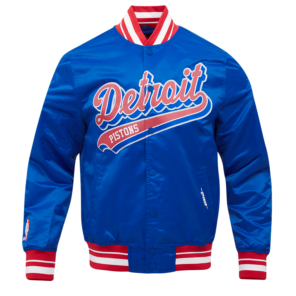 NBA DETROIT PISTONS SCRIPT TAIL MEN'S SATIN JACKET (ROYAL BLUE/RED)