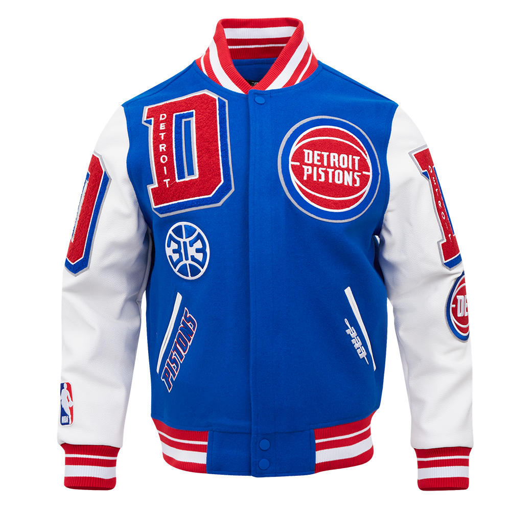 NBA DETROIT PISTONS MASH UP BLOUSON COLLÉGIAL EN LAINE À BORDS CÔTELÉS POUR HOMME (BLEU ROYAL/ROUGE)