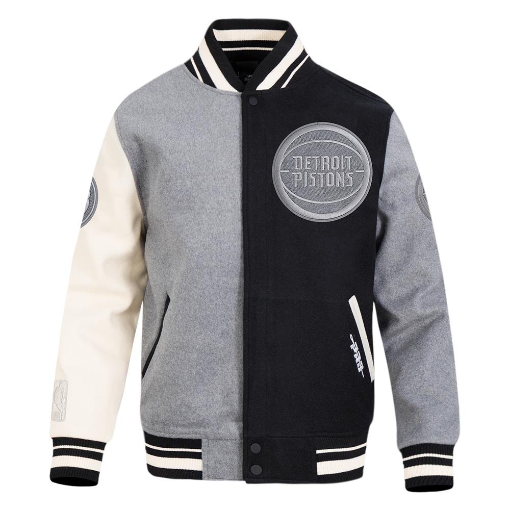 NBA DETROIT PISTONS REVERSE FRENCH TERRY MEN'S VARSITY JACKET (BLACK/GRAY/EGGSHELL)