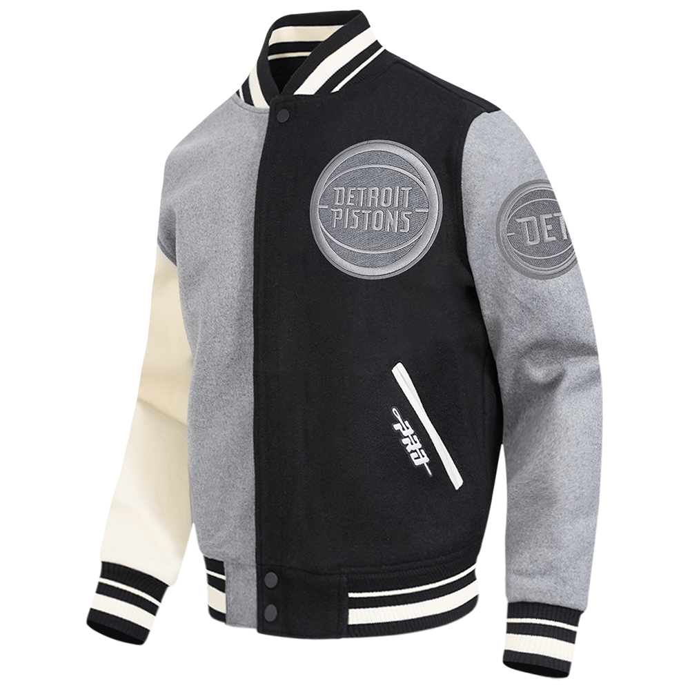 NBA DETROIT PISTONS REVERSE FRENCH TERRY MEN'S VARSITY JACKET (BLACK/GRAY/EGGSHELL)