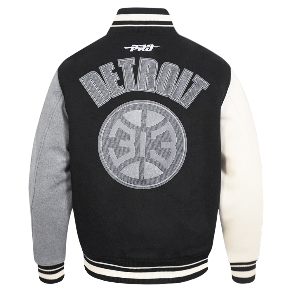 NBA DETROIT PISTONS REVERSE FRENCH TERRY MEN'S VARSITY JACKET (BLACK/GRAY/EGGSHELL)