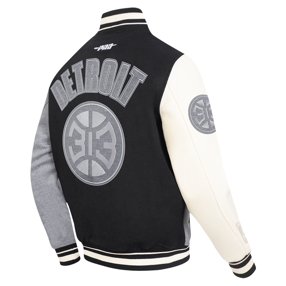 NBA DETROIT PISTONS REVERSE FRENCH TERRY MEN'S VARSITY JACKET (BLACK/GRAY/EGGSHELL)