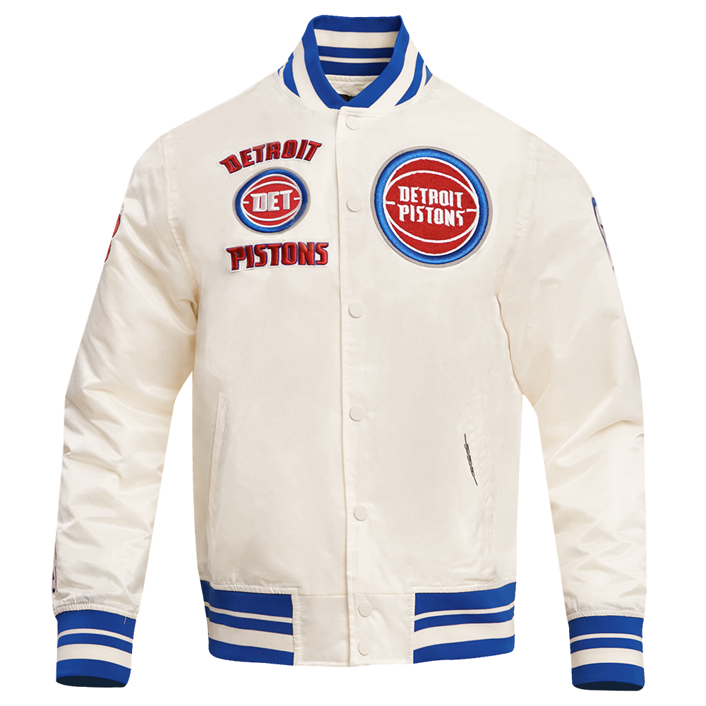 NBA DETROIT PISTONS RETRO CLASSIC BLOUSON EN SATIN À BORDS CÔTELÉS POUR HOMME (COQUILLE D'ŒUF/BLEU ROYAL)