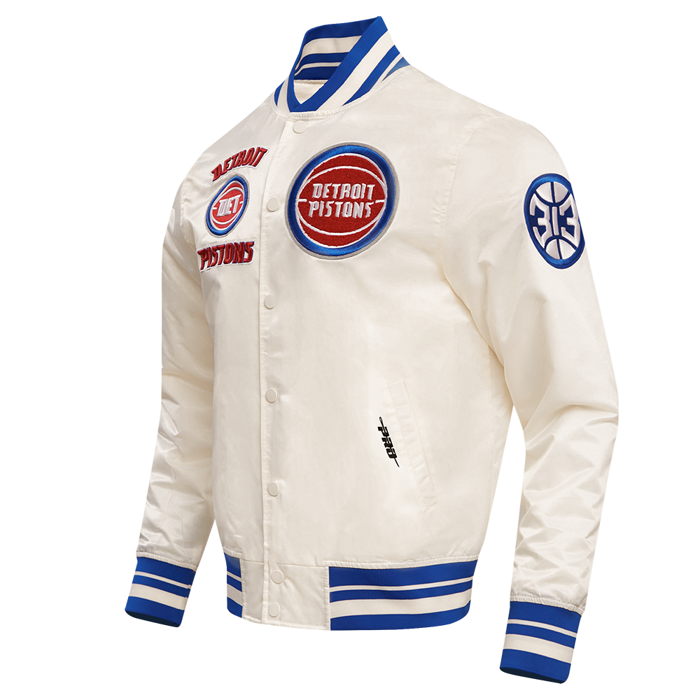 NBA DETROIT PISTONS RETRO CLASSIC BLOUSON EN SATIN À BORDS CÔTELÉS POUR HOMME (COQUILLE D'ŒUF/BLEU ROYAL)