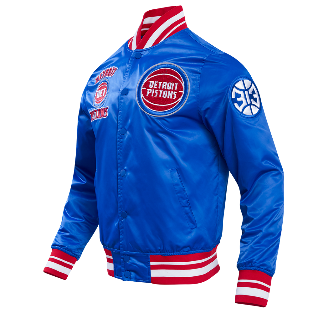 NBA DETROIT PISTONS RETRO CLASSIC MEN'S RIB SATIN JACKET (ROYAL BLUE/RED)
