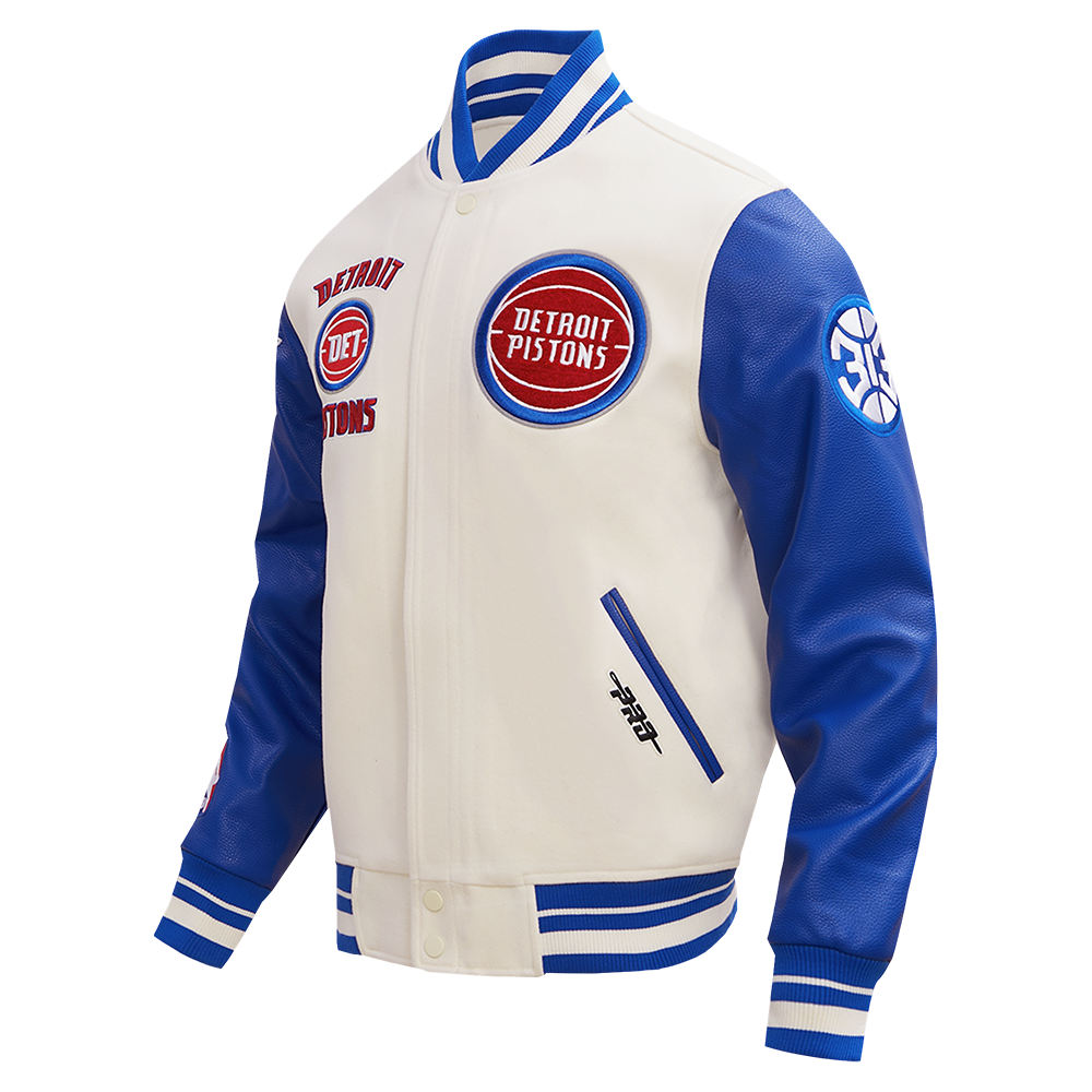 NBA DETROIT PISTONS RETRO CLASSIC MEN'S RIB WOOL VARSITY JACKET (EGGSHELL/ ROYAL BLUE)