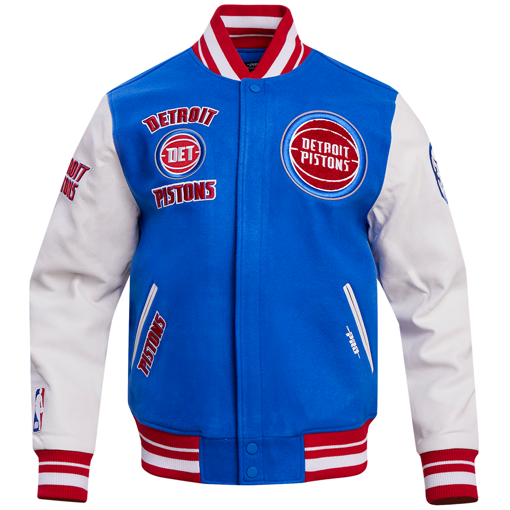 NBA DETROIT PISTONS RETRO CLASSIC MEN'S RIB WOOL VARSITY JACKET (ROYAL/RED)