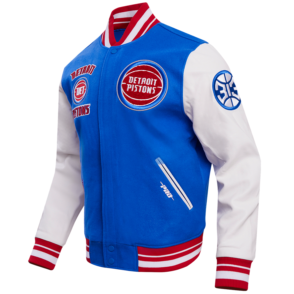 NBA DETROIT PISTONS RETRO CLASSIC MEN'S RIB WOOL VARSITY JACKET (ROYAL/RED)