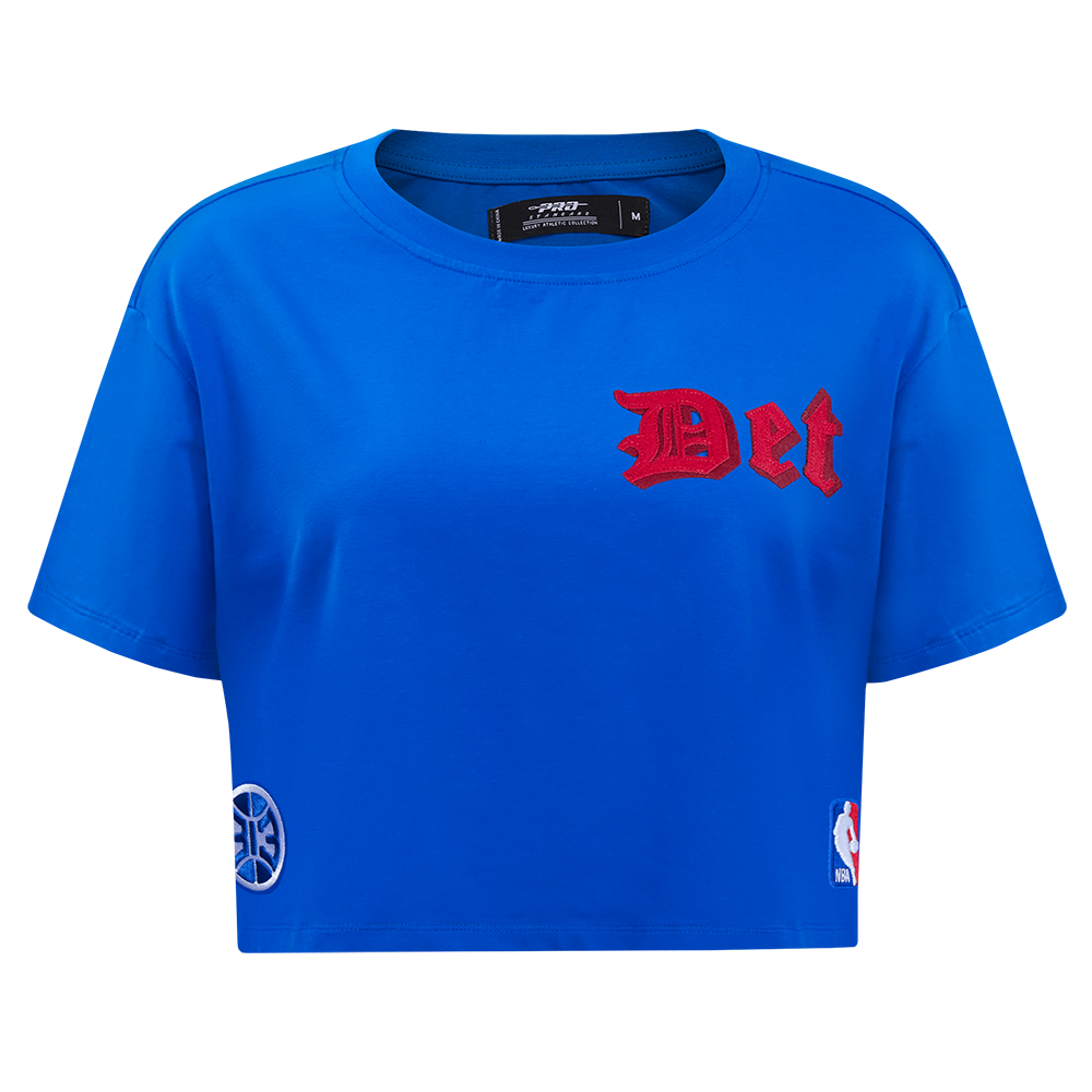 NBA DETROIT PISTONS OLD ENGLISH T-SHIRT EN JERSEY SIMPLE À COUPE CARRÉE POUR FEMME (BLEU ROYAL)