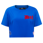 NBA DETROIT PISTONS OLD ENGLISH T-SHIRT EN JERSEY SIMPLE À COUPE CARRÉE POUR FEMME (BLEU ROYAL)