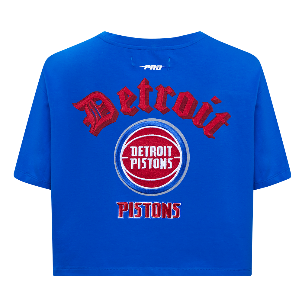 NBA DETROIT PISTONS OLD ENGLISH T-SHIRT EN JERSEY SIMPLE À COUPE CARRÉE POUR FEMME (BLEU ROYAL)