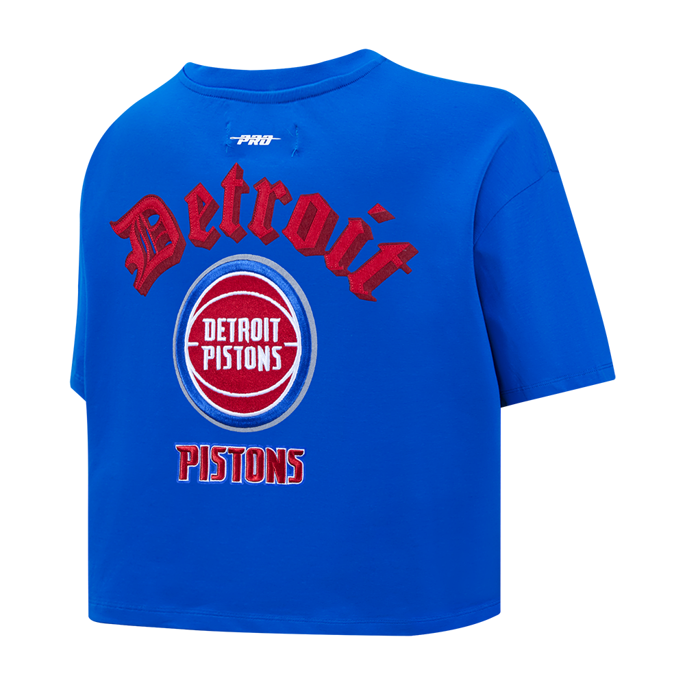 NBA DETROIT PISTONS OLD ENGLISH T-SHIRT EN JERSEY SIMPLE À COUPE CARRÉE POUR FEMME (BLEU ROYAL)