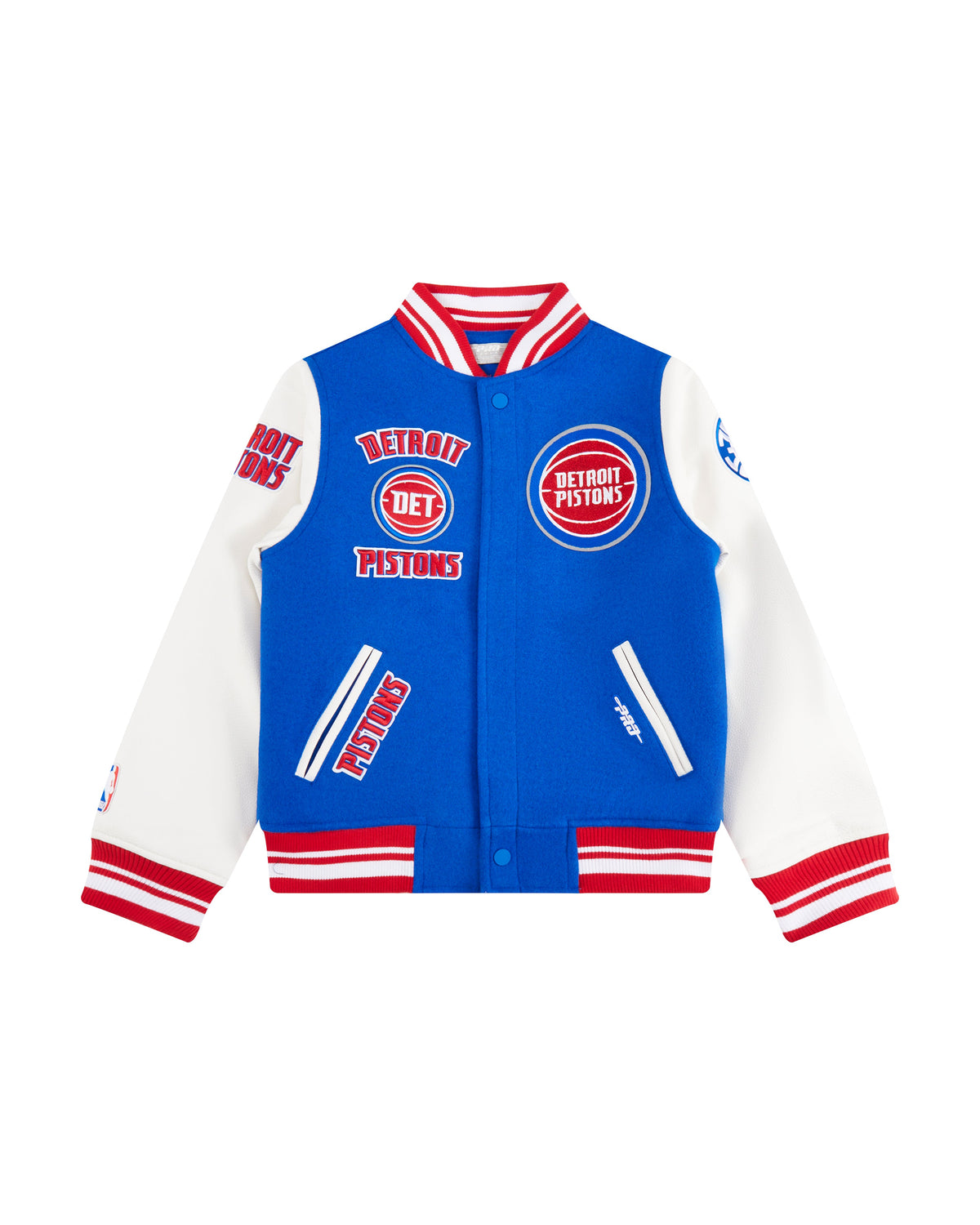 NBA DETROIT PISTONS RETRO CLASSIC BLOUSON COLLÉGIAL EN LAINE À BORDS CÔTELÉS POUR GARÇON JUNIOR (BLEU ROYAL/ROUGE)