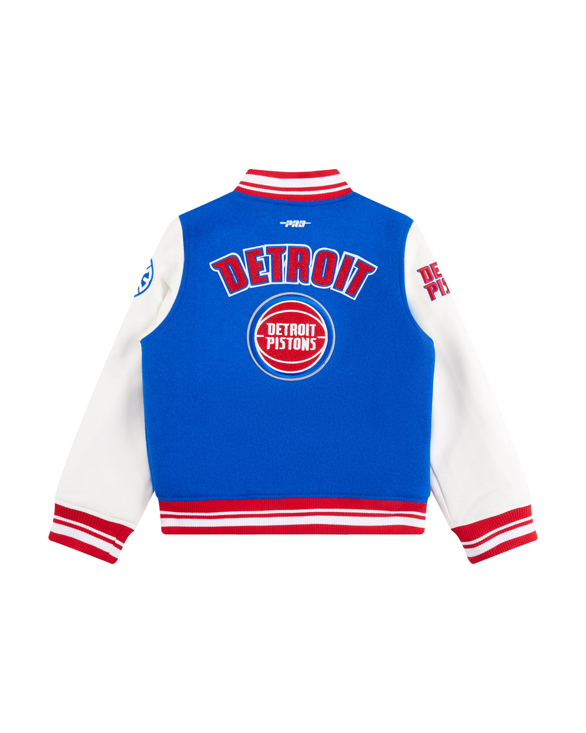 NBA DETROIT PISTONS RETRO CLASSIC BLOUSON COLLÉGIAL EN LAINE À BORDS CÔTELÉS POUR GARÇON JUNIOR (BLEU ROYAL/ROUGE)