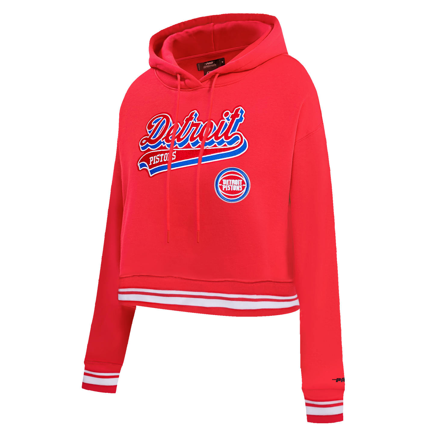 NBA DETROIT PISTONS SCRIPT TAIL WOMEN'S RIB FLEECE CROPPED PULLOVER HOODIE (RED)