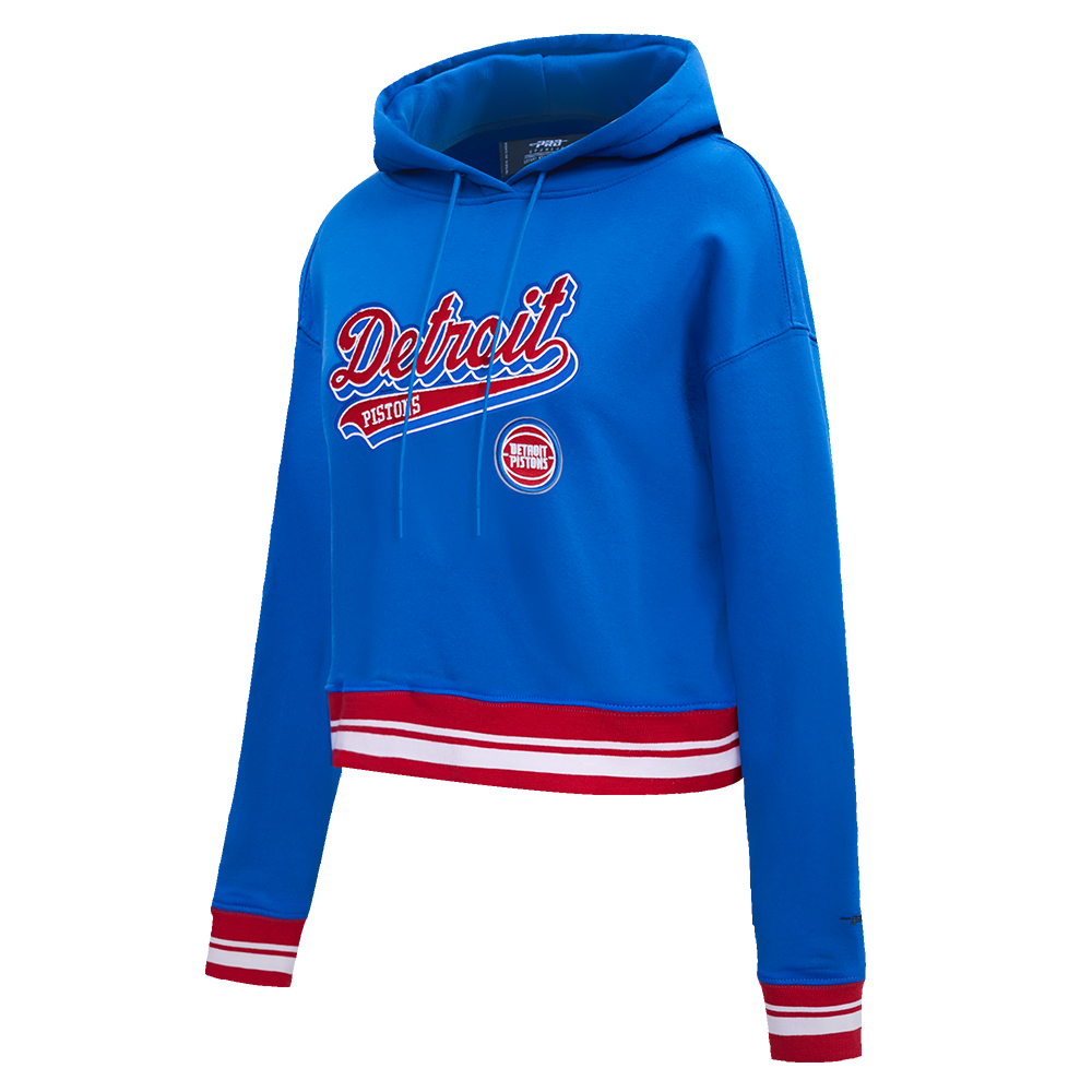 NBA DETROIT PISTONS SCRIPT TAIL WOMEN'S RIB FLEECE CROPPED PULLOVER HOODIE (ROYAL BLUE/RED)