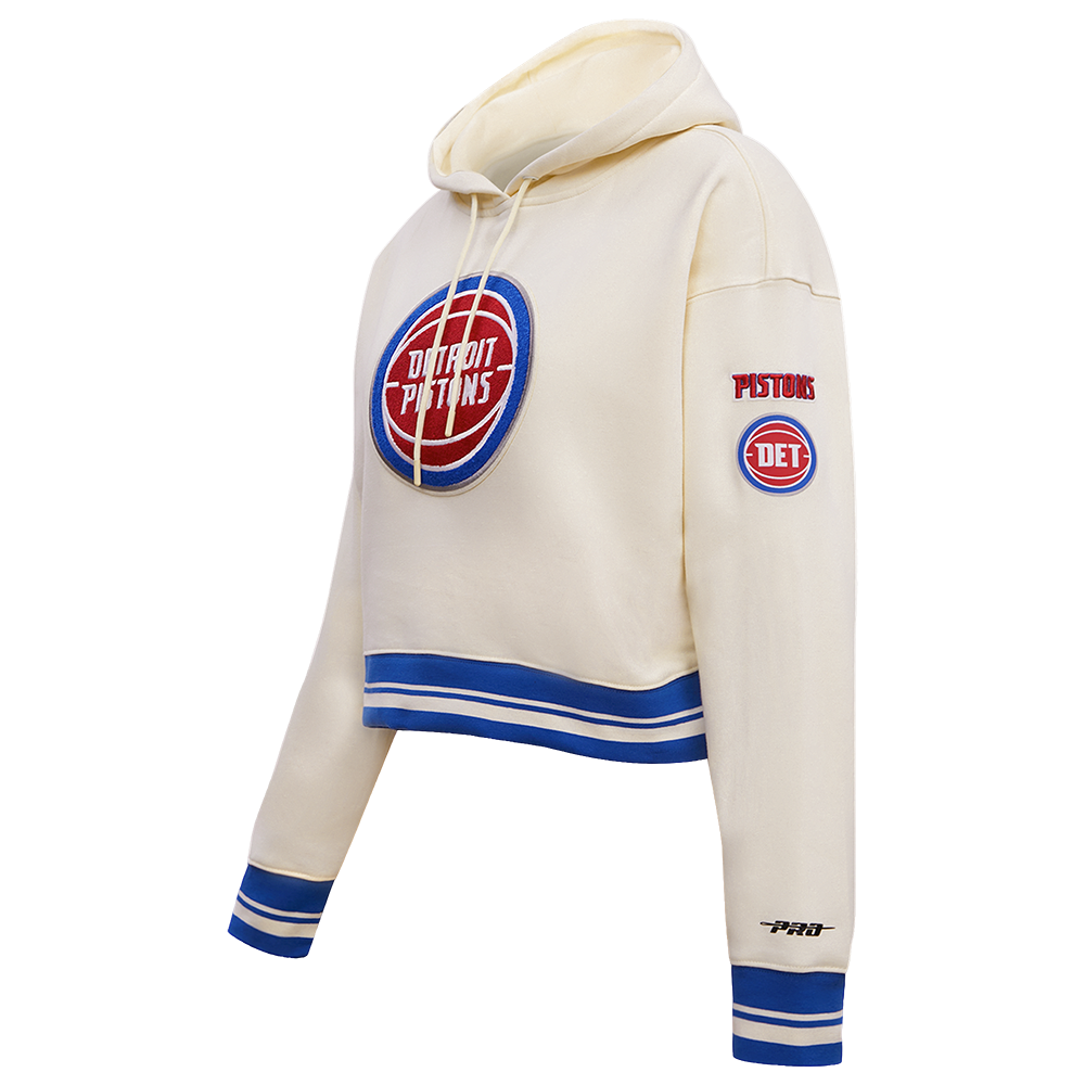 NBA DETROIT PISTONS RETRO CLASSIC WOMEN'S RIB CROPPED PULLOVER HOODIE (EGGSHELL/ROYAL BLUE)