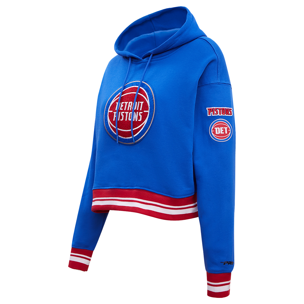 NBA DETROIT PISTONS RETRO CLASSIC WOMEN'S RIB CROPPED PULLOVER HOODIE (ROYAL BLUE/RED)