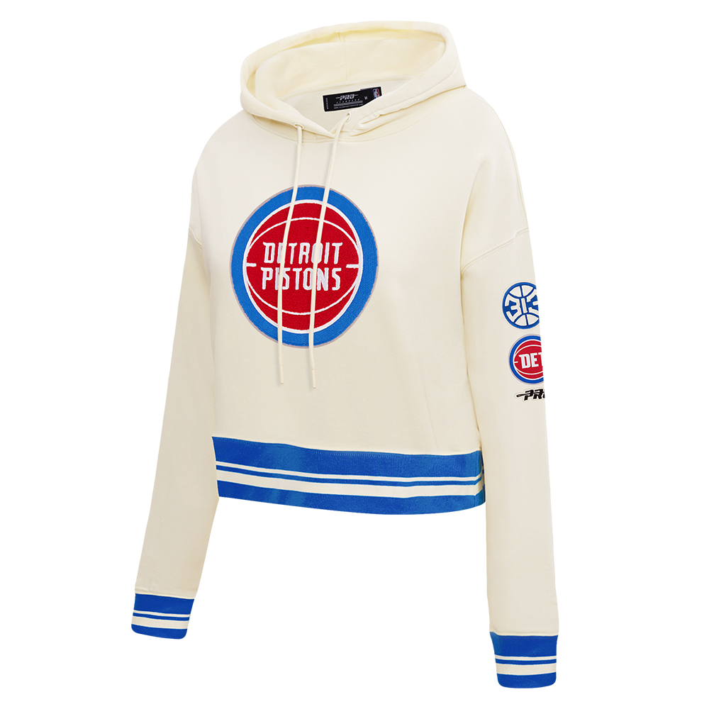 NBA DETROIT PISTONS RETRO CLASSICS WOMEN'S CROPPED PULLOVER HOODIE (EGGSHELL/ROYAL BLUE)