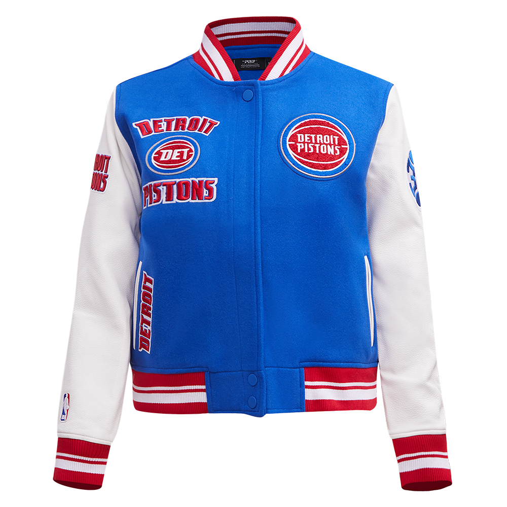 NBA DETROIT PISTONS RETRO CLASSIC BLOUSON COLLÉGIAL EN LAINE À BORDS CÔTELÉS POUR FEMME (BLEU ROYAL/ROUGE)