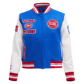 NBA DETROIT PISTONS RETRO CLASSIC BLOUSON COLLÉGIAL EN LAINE À BORDS CÔTELÉS POUR FEMME (BLEU ROYAL/ROUGE)