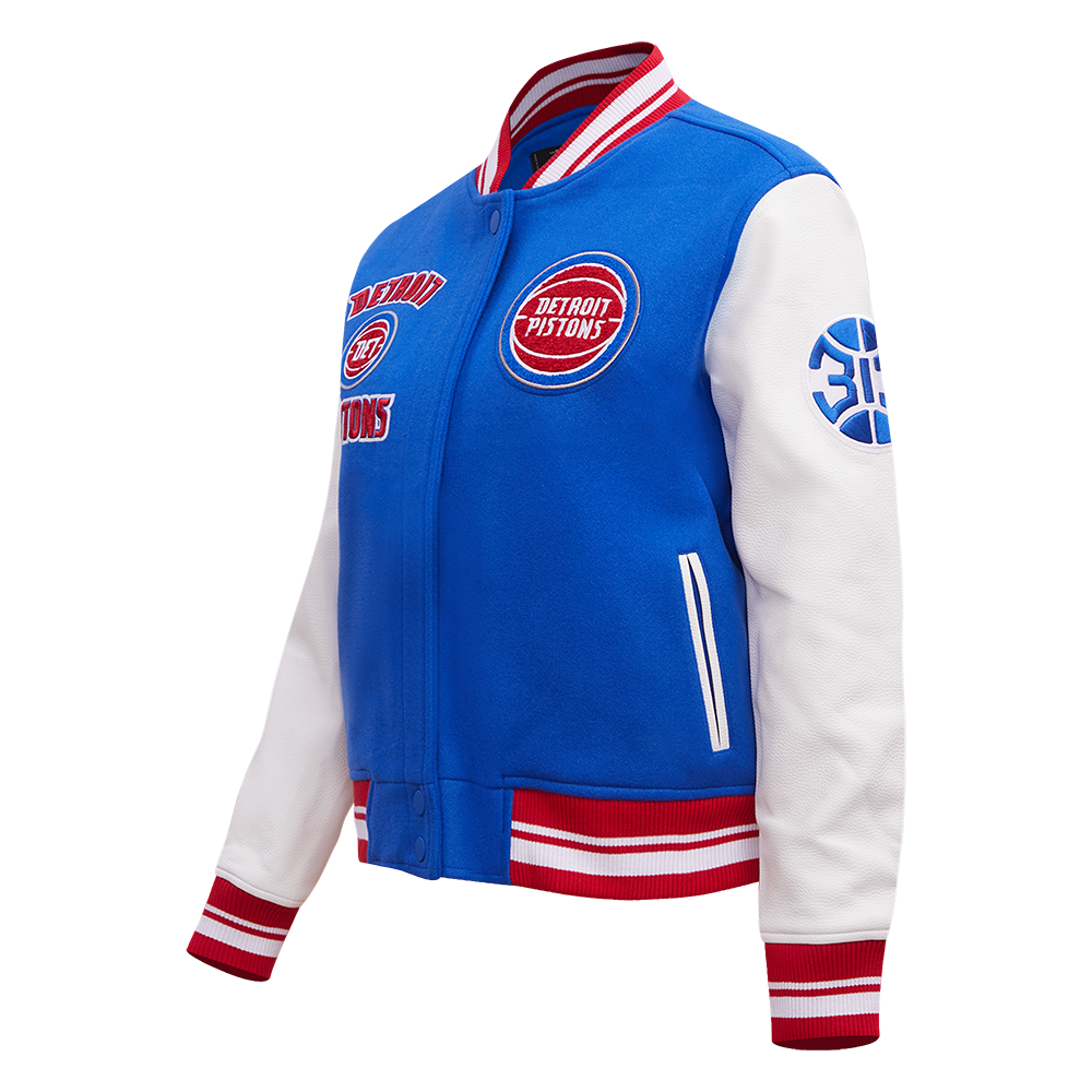 NBA DETROIT PISTONS RETRO CLASSIC BLOUSON COLLÉGIAL EN LAINE À BORDS CÔTELÉS POUR FEMME (BLEU ROYAL/ROUGE)