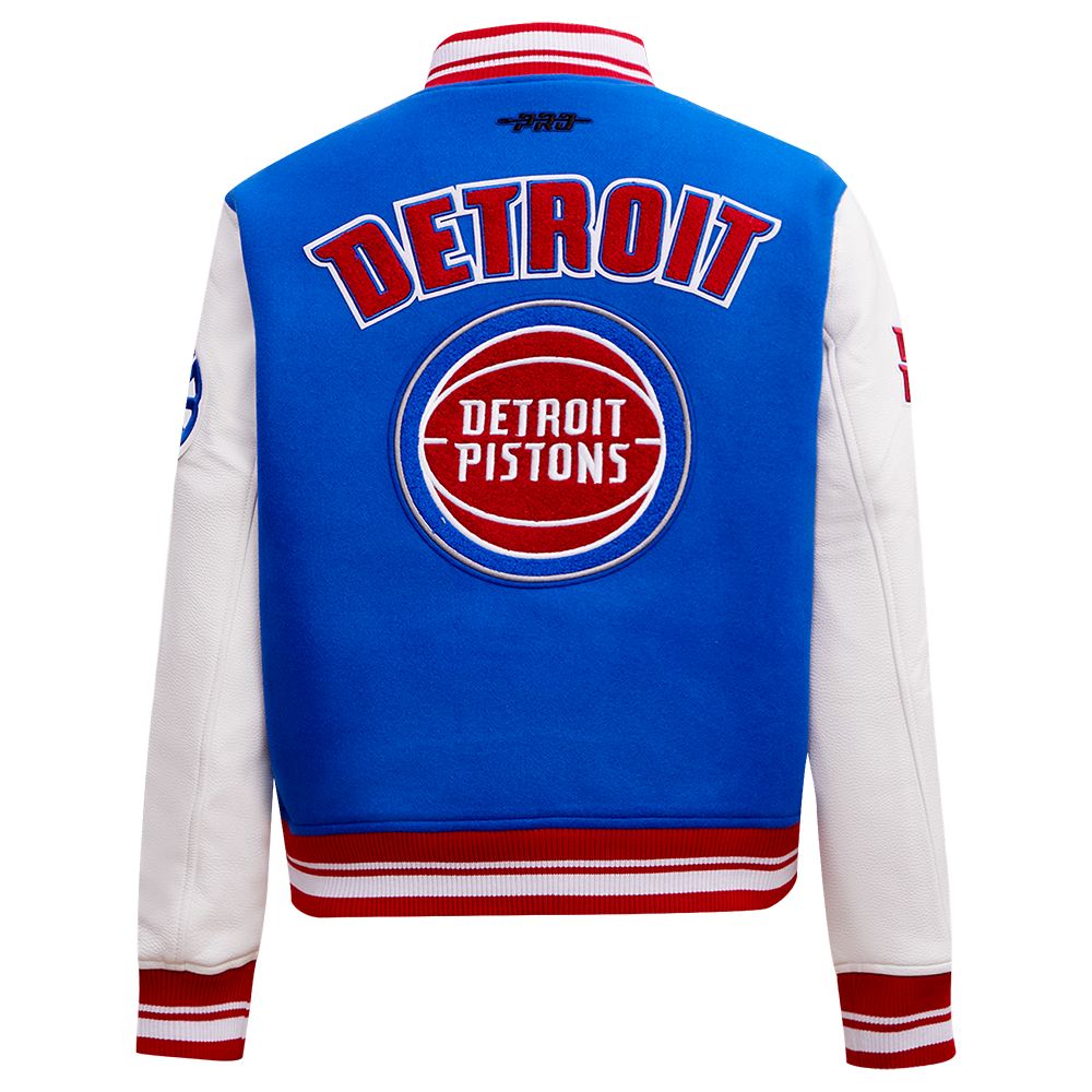 NBA DETROIT PISTONS RETRO CLASSIC BLOUSON COLLÉGIAL EN LAINE À BORDS CÔTELÉS POUR FEMME (BLEU ROYAL/ROUGE)