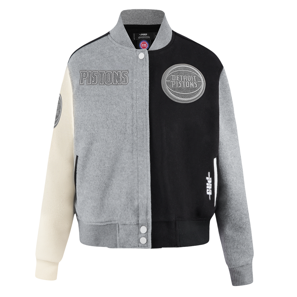 NBA DETROIT PISTONS REVERSE FRENCH TERRY WOMEN'S WOOL VARSITY JACKET (BLACK/GRAY/EGGSHELL)